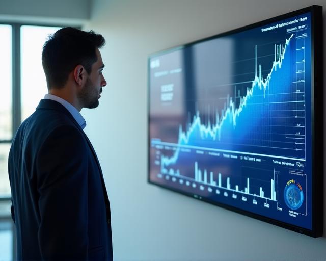 Professionista che analizza grafici predittivi su un monitor moderno